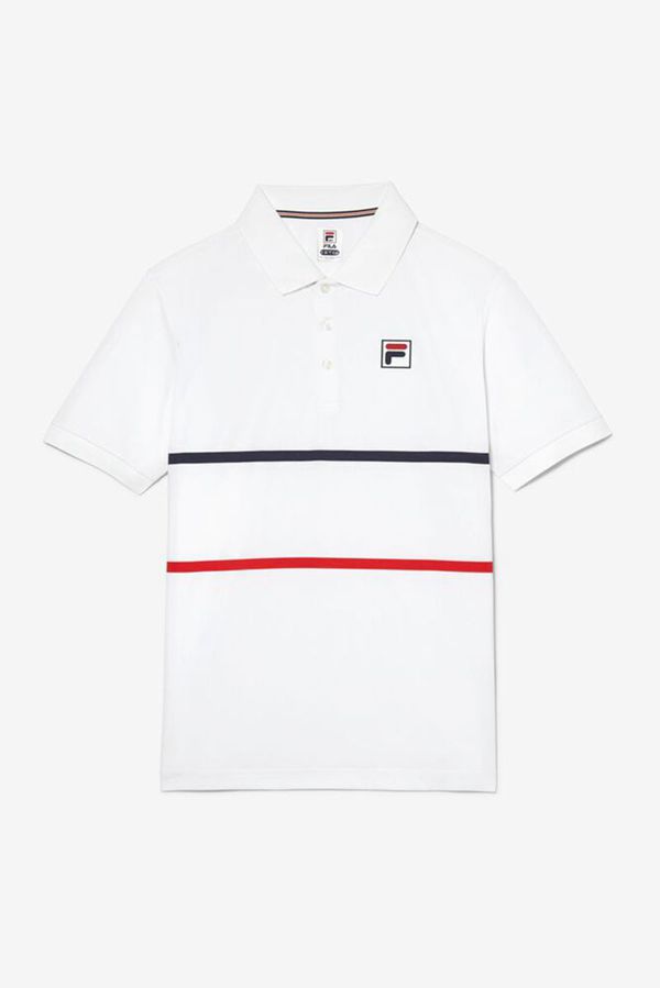 Fila Short Sleeve Tennis With Double Stripe Men's Polo Shirts - White/Navy/Red,NZ 906-76051